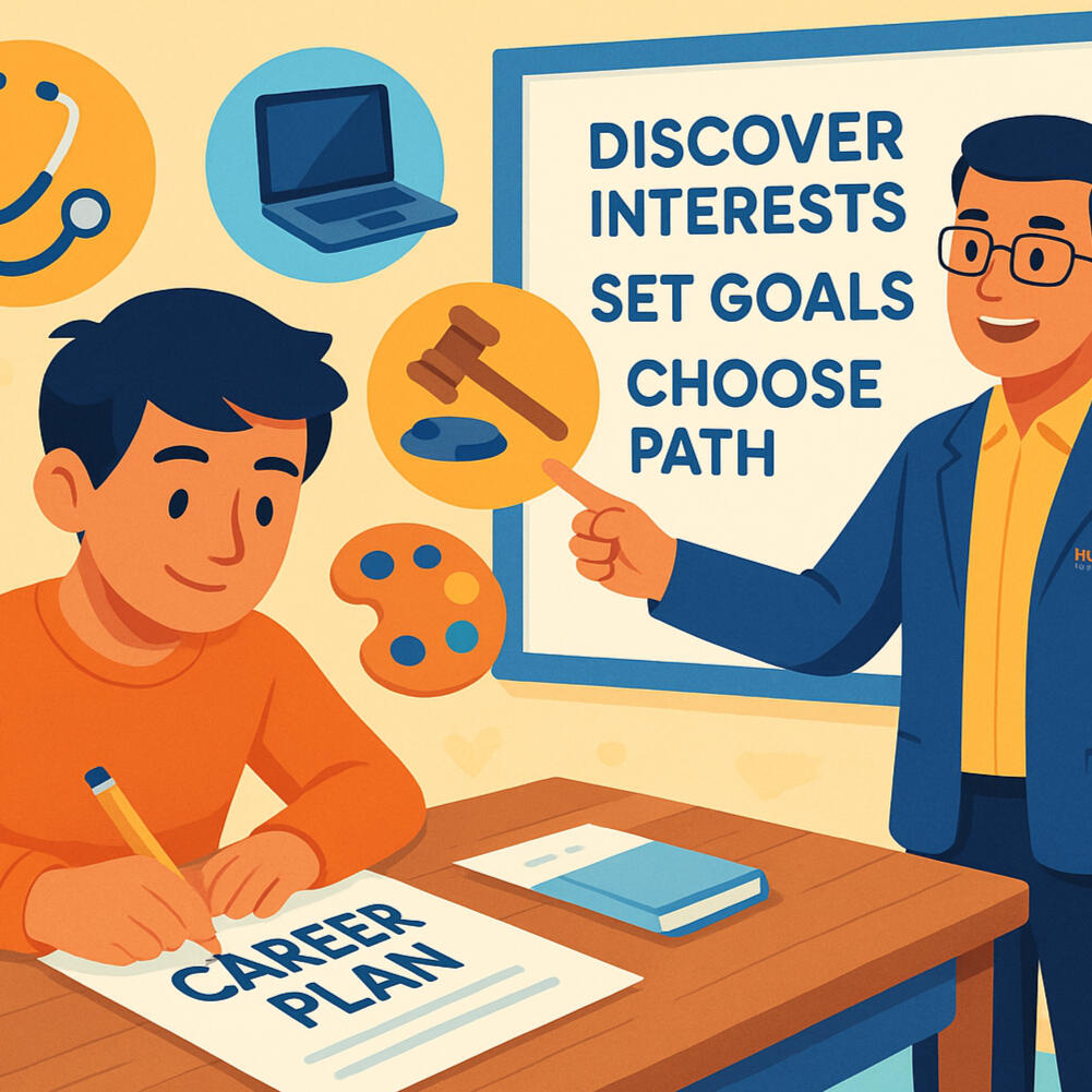 Career Development Illustration of a student writing a career plan while a mentor guides him through career development steps like discovering interests, setting goals, and choosing a path